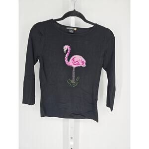 Sweaterworks Women's Black Long Sleeve Sequins Beaded Flamingo Sweater Size PM